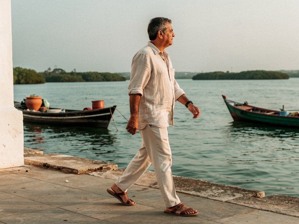 A man in his fifties walking along the Potengi riverside promenade in the morning