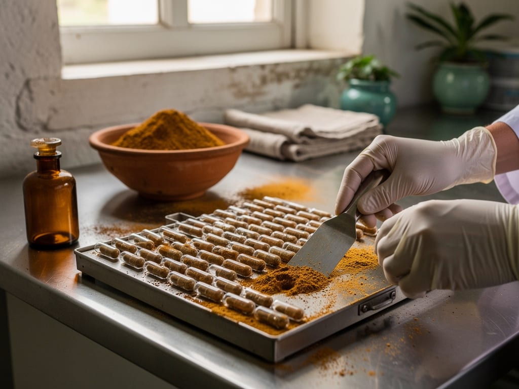 Hands filling herbal capsules with a manual capsule-filling tray in a compounding lab