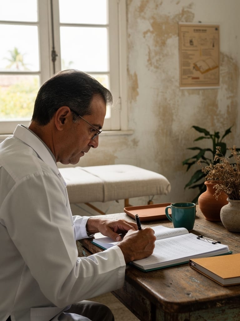 A urologist writing patient notes at a wooden desk in a bright consulting room