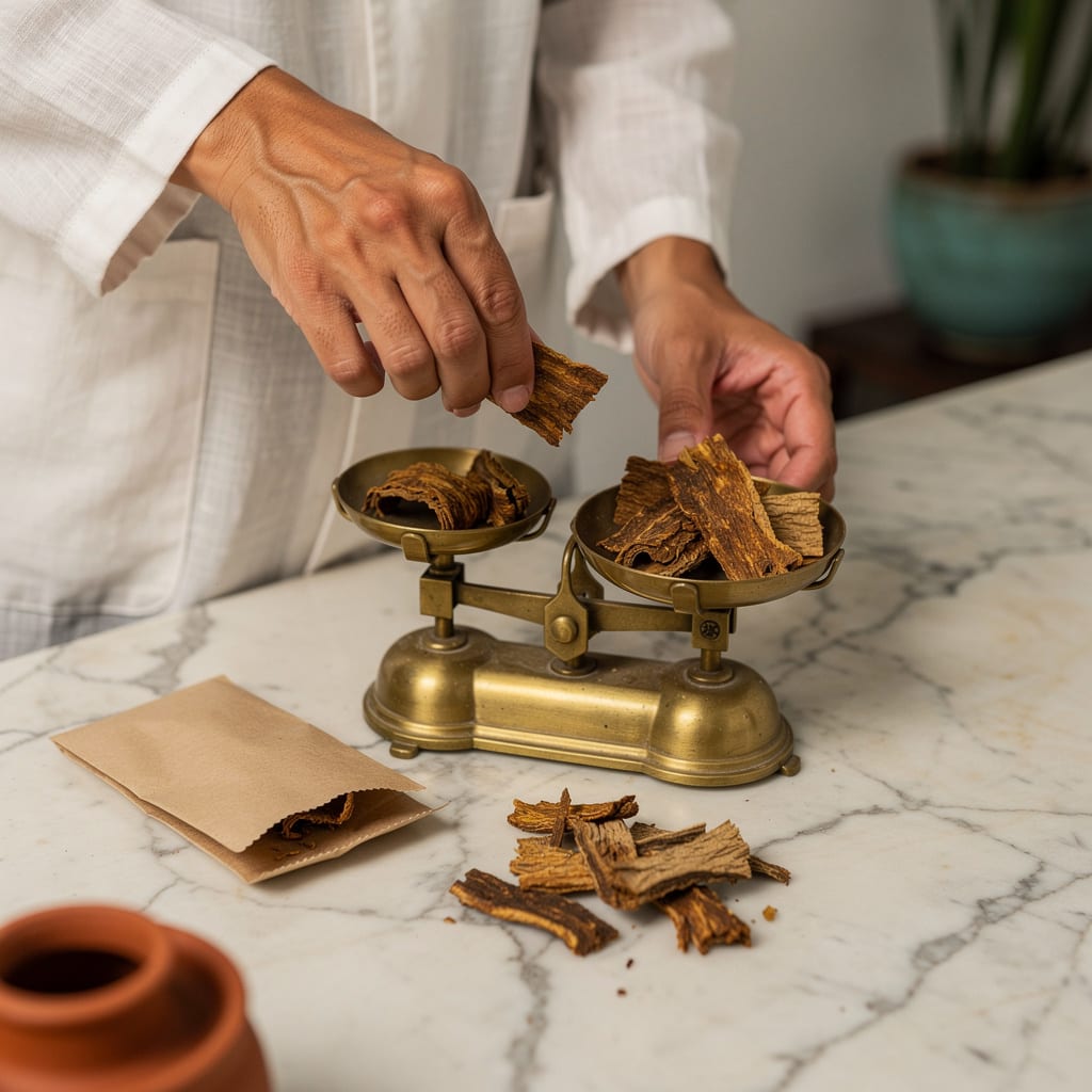 A pharmacist's hands weighing dried catuaba bark on a small brass scale
